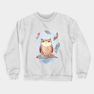 Watercolor cute owl and feathers. Crewneck Sweatshirt